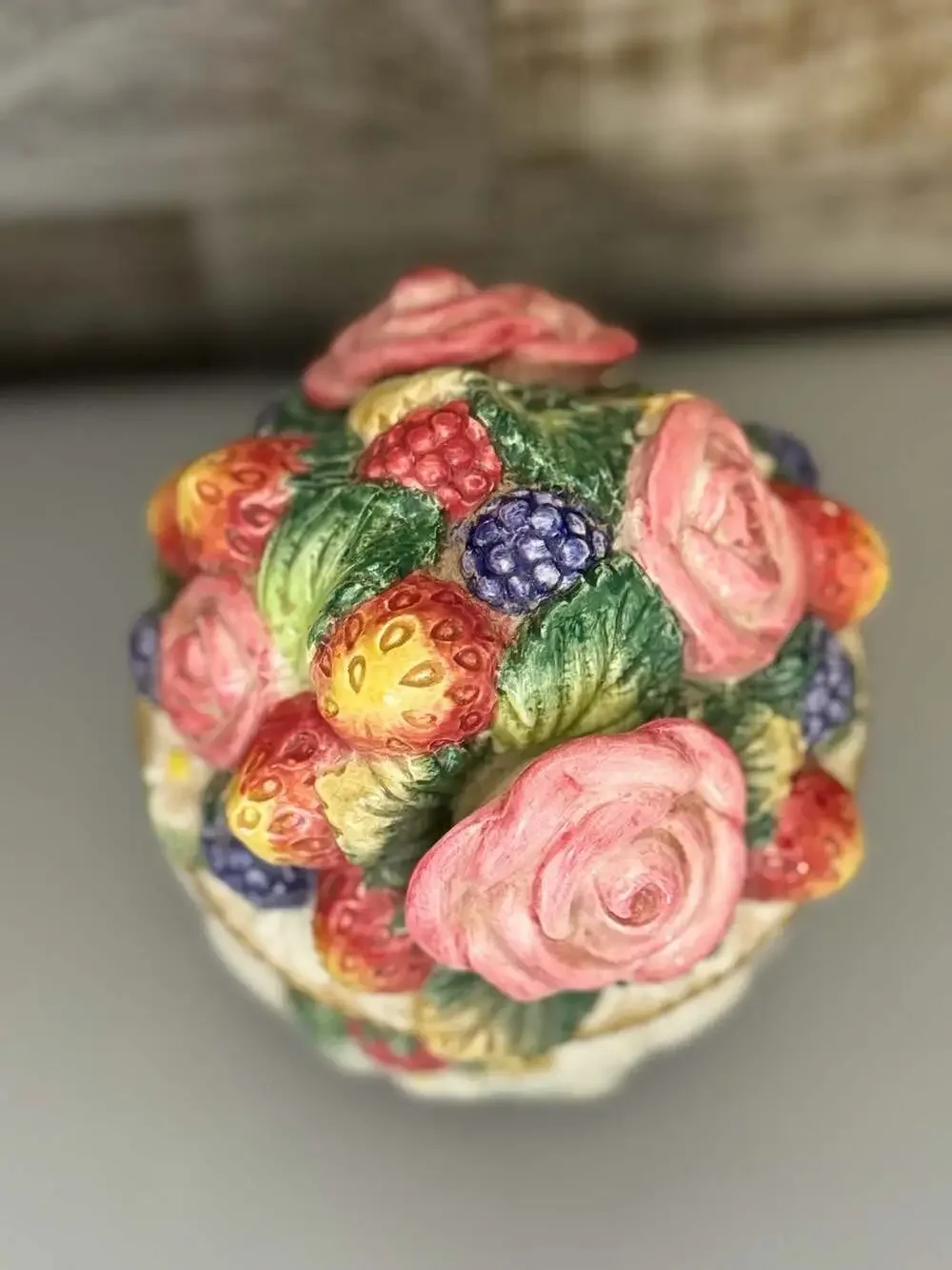 Fitz and Floyd Ceramic Lidded Candy Dish - Roses & Berries Design